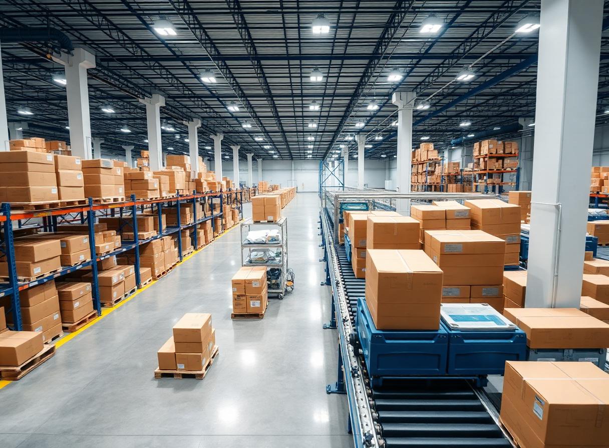 Ship Hub Logistics modern warehouse with packages moving on conveyor systems