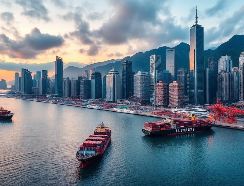 Hong Kong Victoria Harbour with cargo ships and skyline